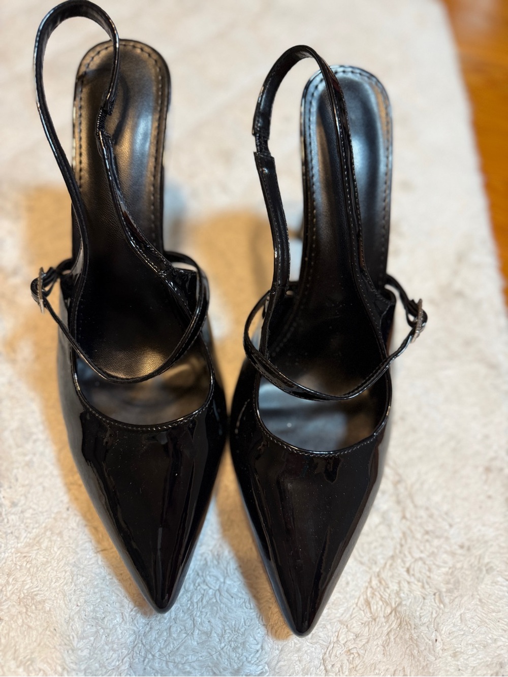 Black Patent Pointed Slingback Heels with Ankle Strap Size 10.5